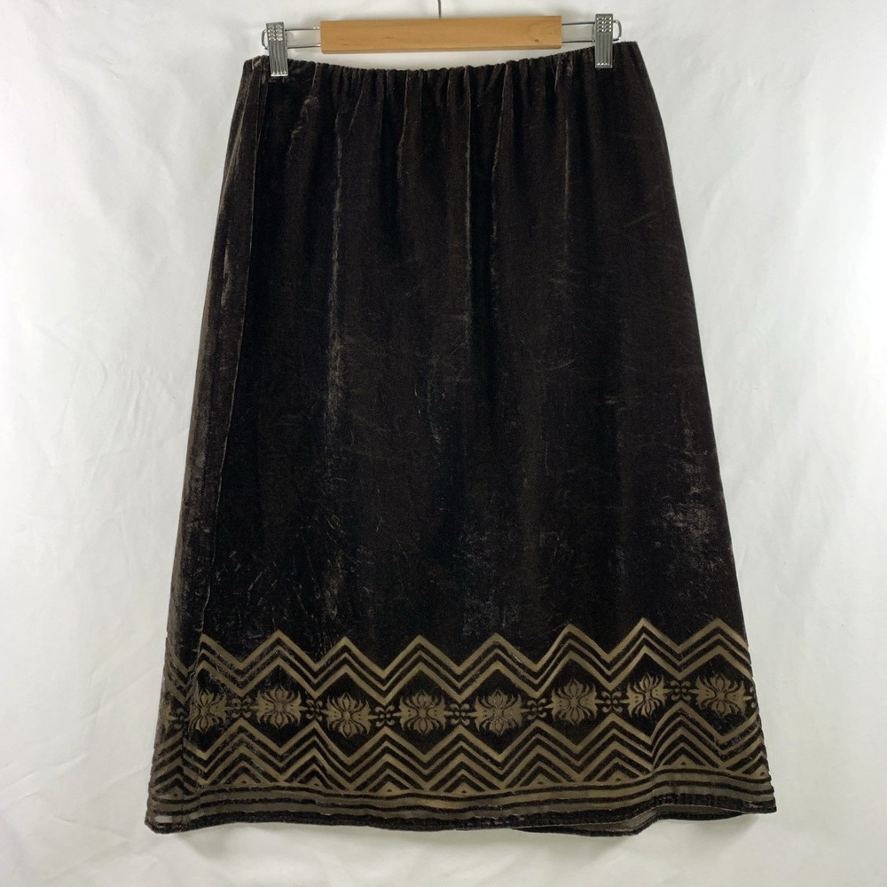 VTG 90s Whimsigoth Crushed Velvet Burnout Midi Skirt Medium Brown Boho Luxe Y2K